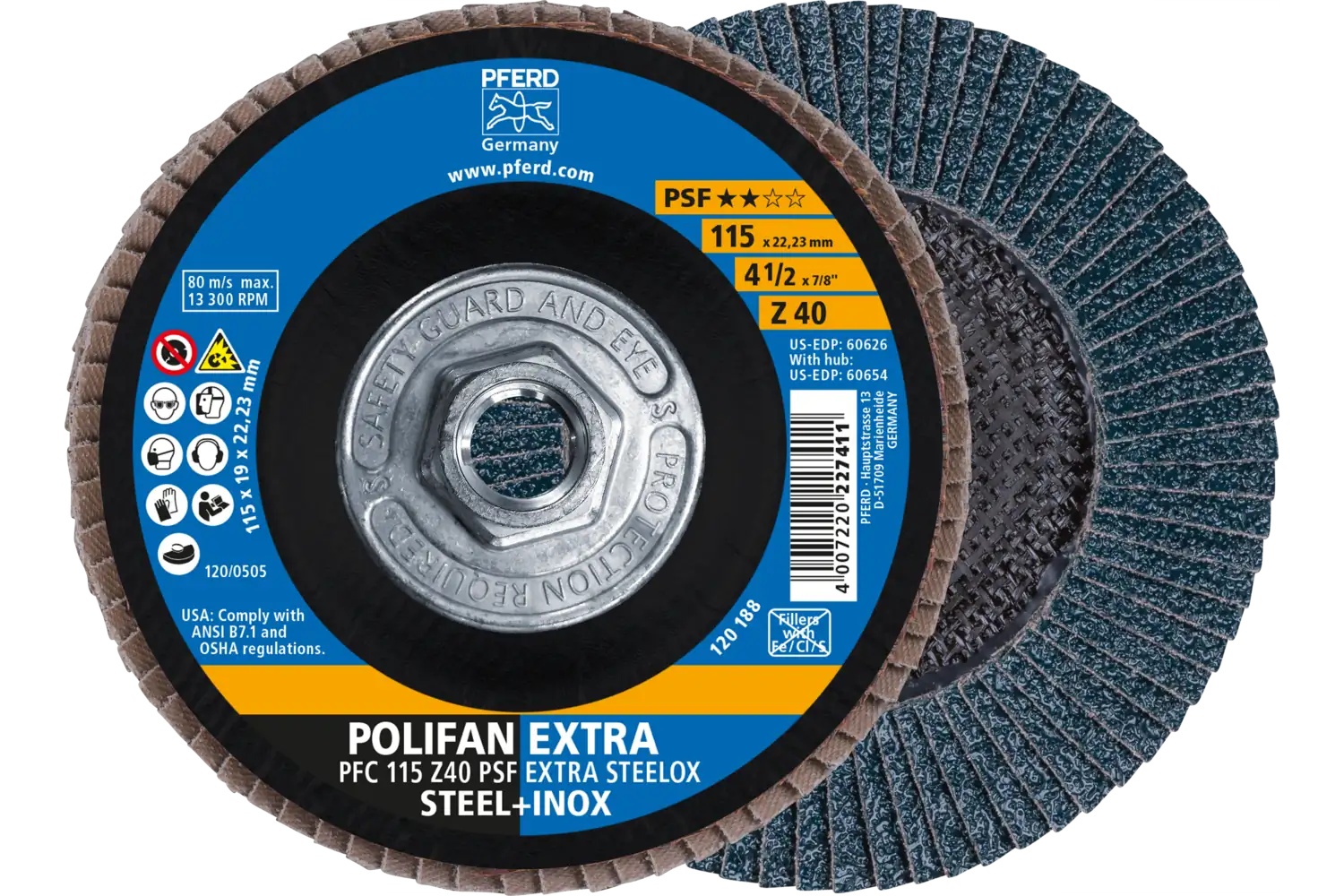 Picture of Pferd Flap Disc, 4-1/2" x 5/8-11, Z PSF Extra Steelox, 40 Grit, T29, Conical, Zirconia